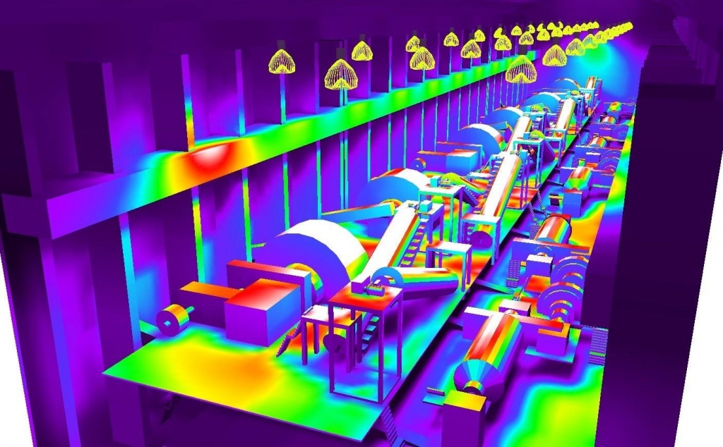 
Пример 3D-визуализации проекта системы промышленного освещения
